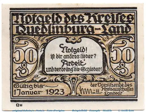 Notgeld Kreis Quedlinburg 1089.1.a , 50 Pfennig Schein - Qu - o.D. Sachsen Anhalt Seriennotgeld