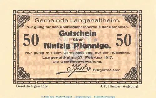 Notgeld Gemeinde Langenaltheim 766.2 , 50 Pfennig Schein in kfr. von 1917 , Bayern Seriennotgeld