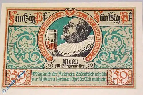 Notgeld Rothenburg , 50 Pfennig Schein Musch , Kn  100100 , Mehl Grabowski 1142.3 , von 1921 , Bayern Seriennotgeld