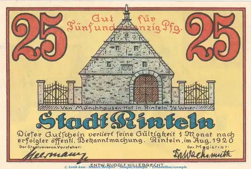 Notgeld Stadt Rinteln 1125.1.c , 25 Pfennig --Gut für-- in kfr. von 1920 , Niedersachsen Seriennotgeld