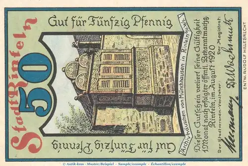 Notgeld Stadt Rinteln 1125.1.c , 50 Pfennig --Gut für-- in kfr. von 1920 , Niedersachsen Seriennotgeld