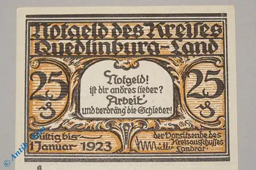 Notgeld Kreis Quedlinburg , 25 Pfennig Schein g , Mehl Grabowski 1089.1 a , Sachsen Anhalt Seriennotgeld