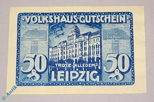 Notgeld Leipzig Volkshaus , 50 Pfennig Schein blau blau , Mehl Grabowski 786.1 , Sachsen Seriennotgeld