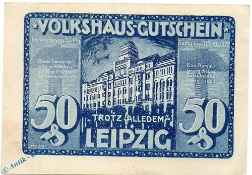 Notgeld Leipzig , Volkshaus , 50 Pfennig Schein Nr 4 in kfr. blau grün , Mehl Grabowski 786.1 , Sachsen Seriennotgeld