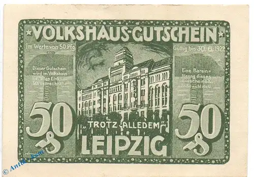 Notgeld Leipzig , Volkshaus , 50 Pfennig Schein Nr 2 , grün braun , Mehl Grabowski 786.4 , Sachsen Seriennotgeld