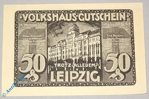Notgeld Leipzig , Volkshaus , 50 Pfennig Schein Nr 1 , grau blau , Mehl Grabowski 786.3 , Sachsen Seriennotgeld