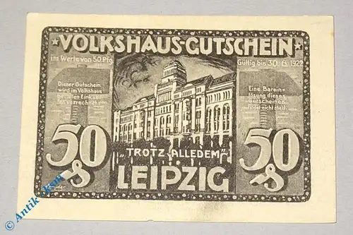 Notgeld Leipzig , Volkshaus , 50 Pfennig Schein Nr 3 , grau grau , Mehl Grabowski 786.3 , Sachsen Seriennotgeld