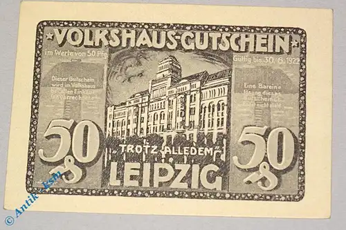 Notgeld Leipzig , Volkshaus , 50 Pfennig Schein Nr 2 , grau braun , Mehl Grabowski 786.3 , Sachsen Seriennotgeld