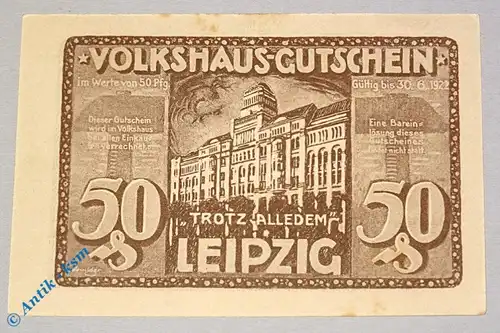 Notgeld Leipzig , Volkshaus , 50 Pfennig Schein Nr 2 , braun grau , Mehl Grabowski 786.2 , Sachsen Seriennotgeld