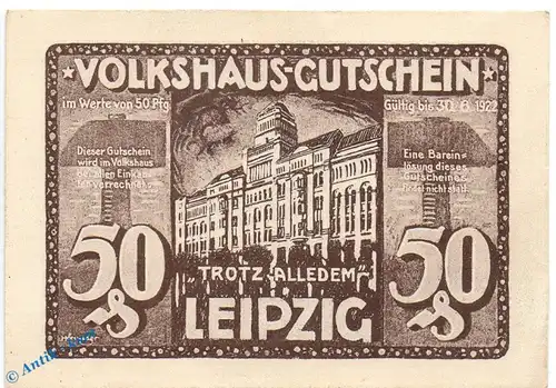 Notgeld Leipzig , Volkshaus , 50 Pfennig Schein Nr 1 in kfr. braun blau , Mehl Grabowski 786.2 , Sachsen Seriennotgeld