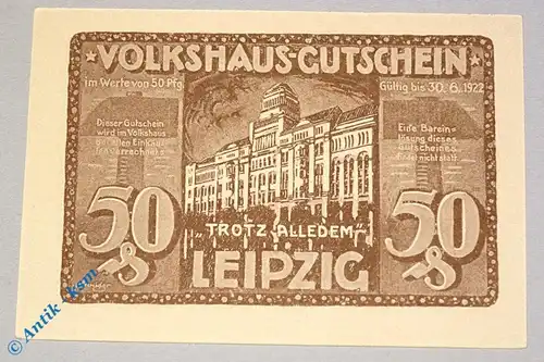 Notgeld Leipzig , Volkshaus , 50 Pfennig Schein Nr 2 , braun braun , Mehl Grabowski 786.2 , Sachsen Seriennotgeld