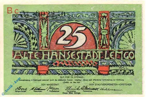 Notgeld Lemgo , 25 Pfennig Schein in kfr. verschl. Kreise , Mehl Grabowski 789.2 c , von 1921 , Westfalen Seriennotgeld