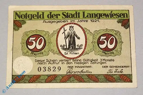 Notgeld Langewiesen , 50 Pfennig Schein mit Stempel , Mehl Grabowski 772.1 a , von 1921 , Thüringen Seriennotgeld