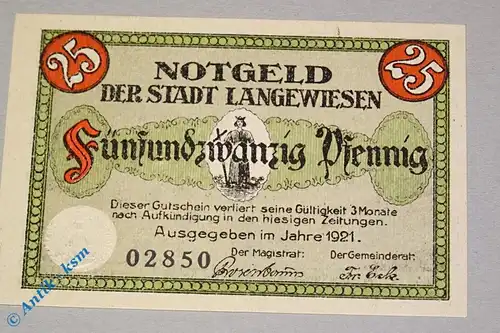 Notgeld Langewiesen , 25 Pfennig Schein mit Stempel , Mehl Grabowski 772.1 a , von 1921 , Thüringen Seriennotgeld