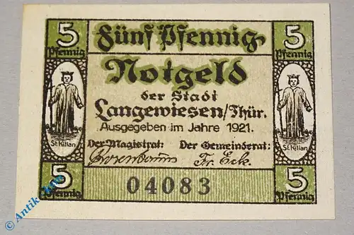 Notgeld Langewiesen , 5 Pfennig Schein ohne Stempel , Mehl Grabowski 772.1 b , von 1921 , Thüringen Seriennotgeld