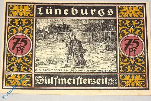 Notgeld Lüneburg , violett , 75 Pfennig Schein Nr 6 , Mehl Grabowski 840.2 , von 1921 , Niedersachsen Seriennotgeld