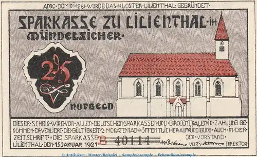 Notgeld Sparkasse Lilienthal 802.4 , 25 Pfennig Schein Serie B in kfr. von 1921 , Niedersachsen Seriennotgeld