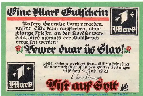 Notgeld List auf Sylt , 806.1 , 1 Mark Schein in kfr. von 1921 , Schleswig Holstein Seriennotgeld