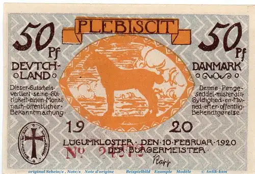 Notgeld Gemeinde Lügumkloster 839.3 , 50 Pfennig Schein in kfr. von 1921 ,  dänisch Nordschleswig Seriennotgeld