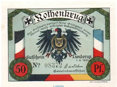 Notgeld Lunderup - Rothenkrug 846.1 , 50 Pfennig Schein in kfr. von 1920 , dänisch Nordschleswig Seriennotgeld
