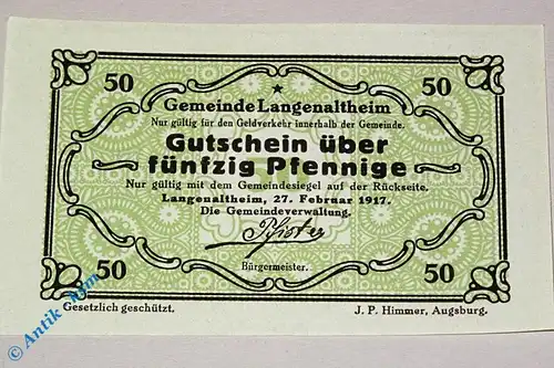 Langenaltheim , Notgeld 50 Pfennig Schein in kfr. M-G 766.3.a , Bayern 1917 Seriennotgeld