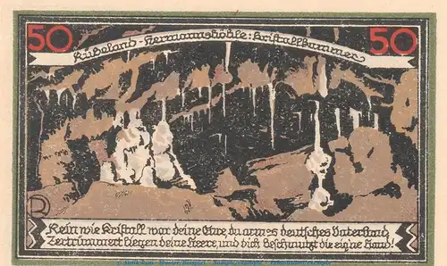 Notgeld C. Pieper Rübeland 1147.1.a , 50 Pfennig Schein Nr.2 in kfr. von 1921 , Sachsen Anhalt Seriennotgeld