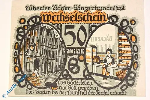 Notgeld Lübeck , Bäcker Sängerbund , 50 Pfennig Schein Nr 1 , Mehl Grabowski 820.1 , Schleswig Holstein Serien Notgeld