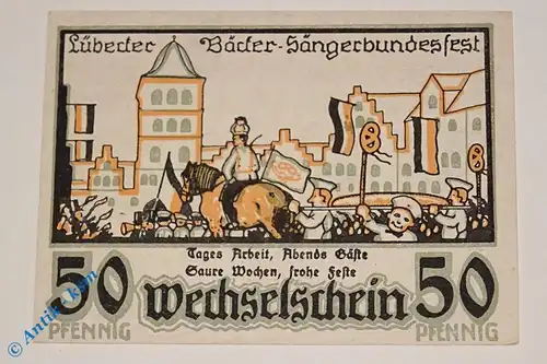 Notgeld Lübeck , Bäcker Sängerbund , 50 Pfennig Schein Nr 2 , Mehl Grabowski 820.1 , Schleswig Holstein Serien Notgeld