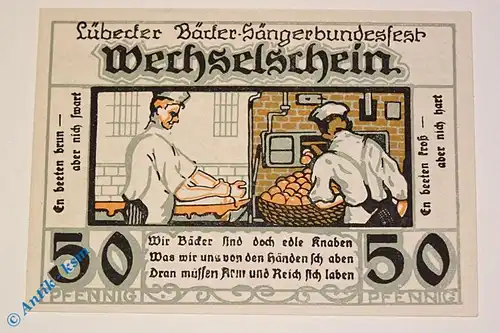 Notgeld Lübeck , Bäcker Sängerbund , 50 Pfennig Schein Nr 3 , Mehl Grabowski 820.1 , Schleswig Holstein Serien Notgeld