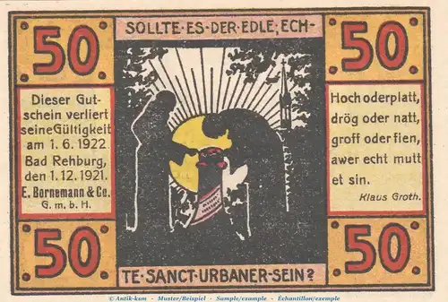 Notgeld E. Bornemann & Co. Rehburg 1106.1 , 50 Pfennig Schein Nr.1 in kfr. von 1921 , Niedersachsen Seriennotgeld