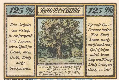 Notgeld E. Bornemann & Co. Rehburg 1106.1 , 125 Pfennig Schein Nr.1 in kfr. von 1921 , Niedersachsen Seriennotgeld