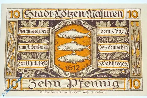 Notgeld Lötzen , 10 Pfennig Schein , Mehl Grabowski 814.1 , von 1920 , Ostpreussen Seriennotgeld