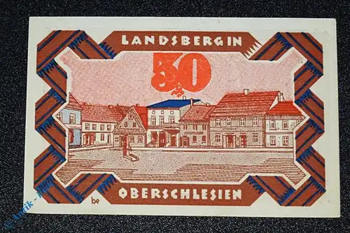 Notgeld Landsberg , 50 Pfennig Schein Nr 1 , Mai , Mehl Grabowski 763.2 a , von 1921 , Schlesien Serien Notgeld
