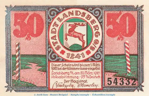 Notgeld Stadt Landsberg 763.1 , 50 Pfennig Nr.2 -März- in kfr. von 1921 , Schlesien Seriennotgeld