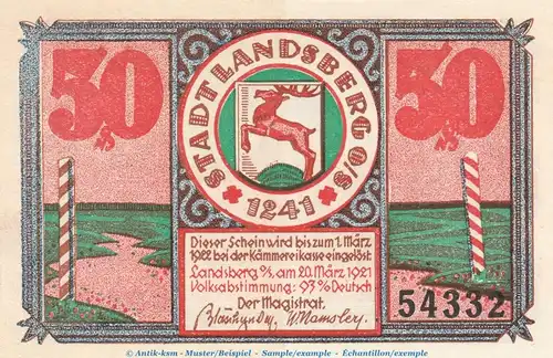 Notgeld Stadt Landsberg 763.1 , 50 Pfennig Nr.3 -März- in kfr. von 1921 , Schlesien Seriennotgeld