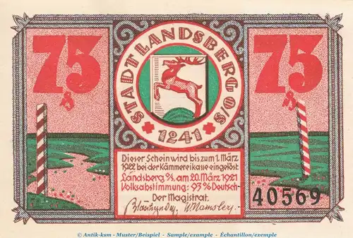 Notgeld Stadt Landsberg 763.1 , 75 Pfennig Nr.3 -März- in kfr. von 1921 , Schlesien Seriennotgeld