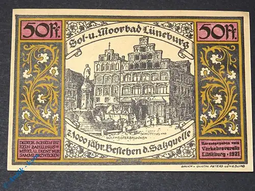 Notgeld Lüneburg , violett , 50 Pfennig Schein Nr 4 , Mehl Grabowski 840.2 , von 1921 , Niedersachsen Seriennotgeld