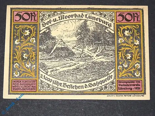 Notgeld Lüneburg , violett , 50 Pfennig Schein Nr 1 , Mehl Grabowski 840.2 , von 1921 , Niedersachsen Seriennotgeld