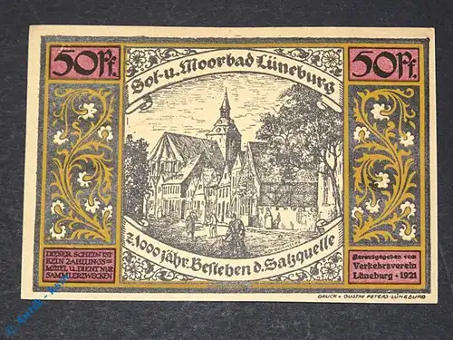 Notgeld Lüneburg , violett , 50 Pfennig Schein Nr 2 , Mehl Grabowski 840.2 , von 1921 , Niedersachsen Seriennotgeld