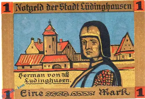 Notgeld Lüdinghausen , 1 Mark Schein in kfr. Mehl Grabowski 837.1 , von 1921 , Westfalen Seriennotgeld