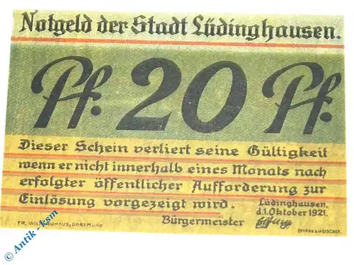 Notgeld Lüdinghausen , 20 Pfennig Schein , Mehl Grabowski 837.1 , von 1921 , Westfalen Serien Notgeld