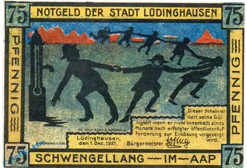 Notgeld Lüdinghausen , 75 Pfennig Schein in kfr. Mehl Grabowski 837.1 , von 1921 , Westfalen Seriennotgeld