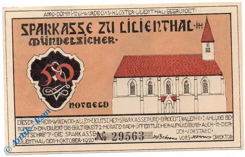 Notgeld Lilienthal , 50 Pfennig Schein , Mehl Grabowski 802.1 , von 1920 , Niedersachsen Seriennotgeld