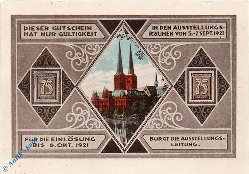 Notgeld Lübeck , 75 Pfennig Schein 2 , schwarzgrau braun , Mehl Grabowski 826.19 , von 1921 , Schleswig Holstein Seriennotgeld