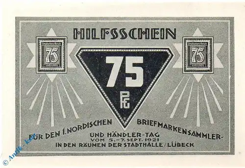 Notgeld Lübeck , 75 Pfennig Schein 4 , schwarzgrau braun , Mehl Grabowski 826.19 , von 1921 , Schleswig Holstein Seriennotgeld