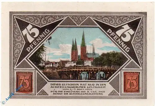 Notgeld Lübeck , 75 Pfennig Schein 4 , schwarzgrau braun , Mehl Grabowski 826.19 , von 1921 , Schleswig Holstein Seriennotgeld