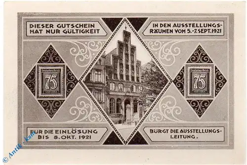 Notgeld Lübeck , 75 Pfennig Schein 4 , blaugrau braun , Mehl Grabowski 826.2 , von 1921 , Schleswig Holstein Seriennotgeld