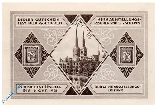 Notgeld Lübeck , 75 Pfennig Schein 3 , blaugrau braun , Mehl Grabowski 826.2 , von 1921 , Schleswig Holstein Seriennotgeld