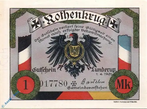 Notgeld Lunderup - Rothenkrug 846.1 , 1 Mark Schein in kfr. von 1920 , dänisch Nordschleswig Seriennotgeld