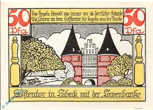 Notgeld Lübeck , Keglerheim , 50 Pfennig Schein Nr 1 , Mehl Grabowski 833.1 , von 1921 , Schleswig Holstein Seriennotgeld